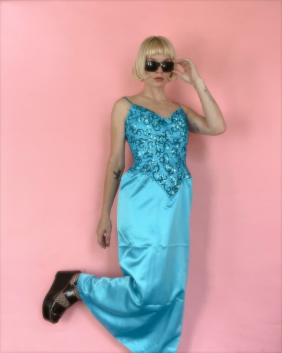 VTG 80s Blue Sequin/Satin Gown