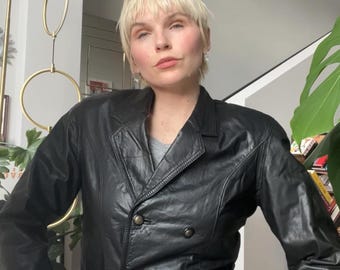 VTG 80s Black Leather Double Breasted Jacket