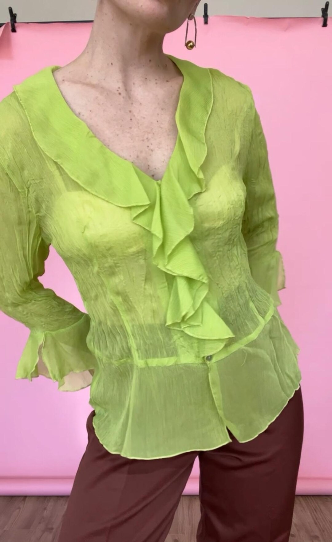 VTG Y2K Bright Green Sheer Ruffle Blouse - Etsy