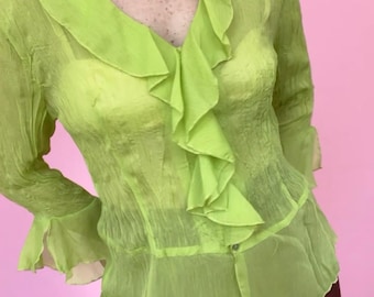 VTG Y2K heldergroene doorschijnende blouse met ruches