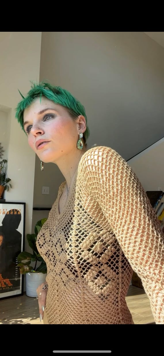 VTG 70s Tan Crochet Sweater - image 3