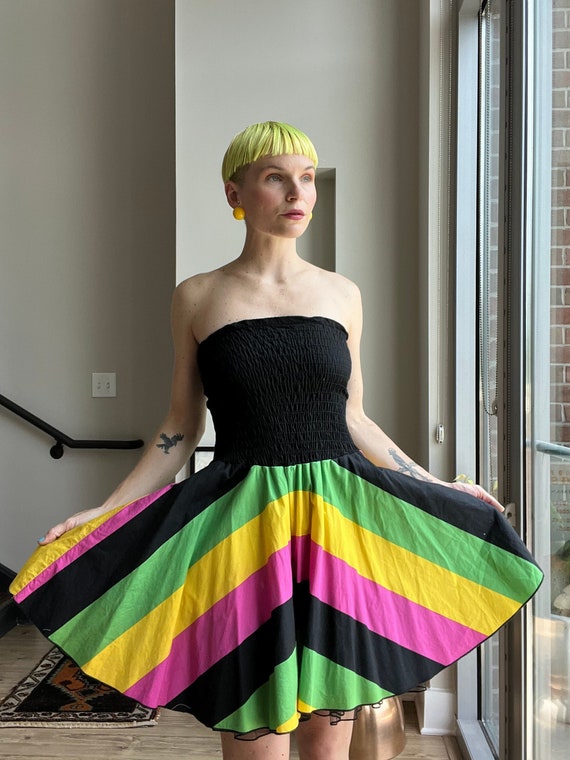 Y2K Colorful Stripe Shirred Strapless Dress