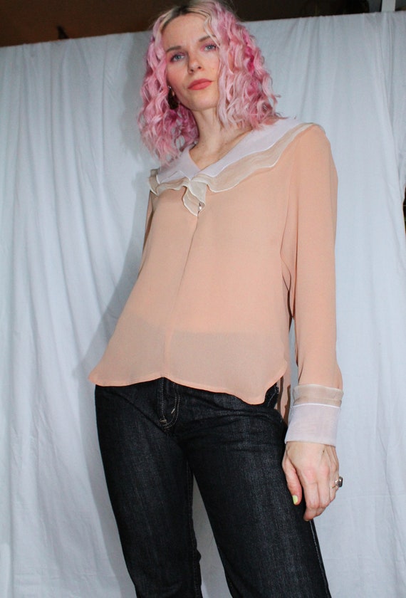 Vintage 70s | Tan Blouse with Organza Collar