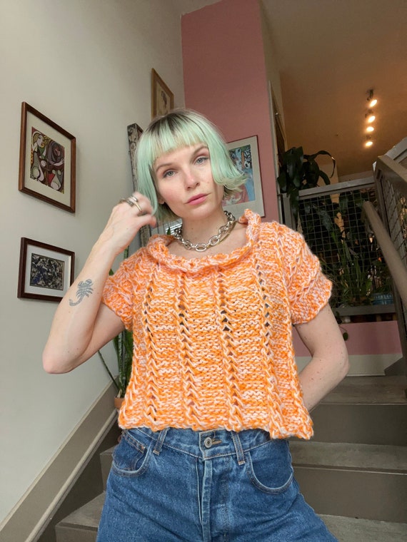 VTG Handknit Creamsicle Short Sleeve Sweater