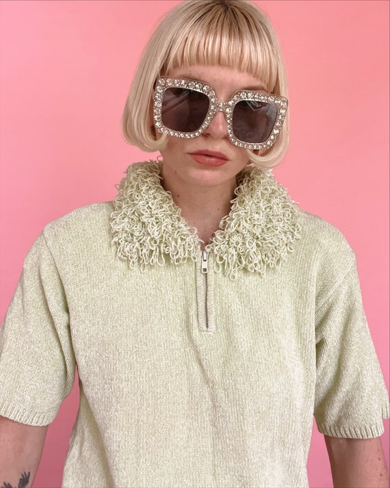VTG 90s Pastel Green Chenille Short Sleeve Sweater with Textured Collar