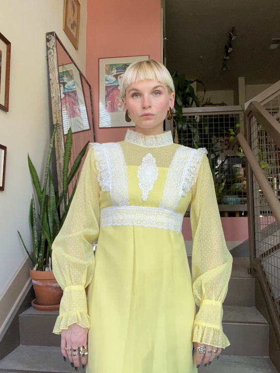 70s Canary Yellow Swiss Dot Lace Maxi Prairie Dress