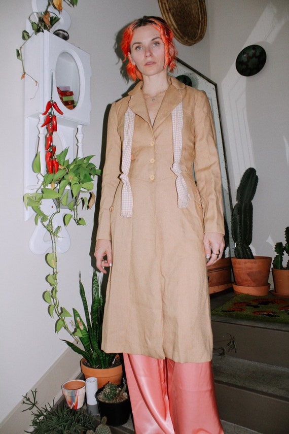 70s Tan Coat with Gingham Tie - image 1