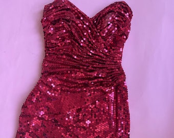 VTG 80s Tadashi Shoji Red Sequin Cocktail Dress