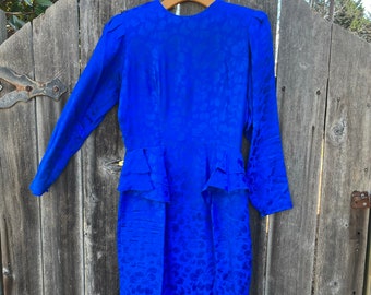 VTG 90s Cobalt Blue Floral Silk Peplum Pencil Dress