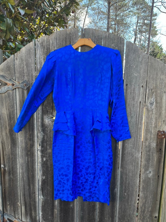 VTG 90s Cobalt Blue Floral Silk Peplum Pencil Dre… - image 1