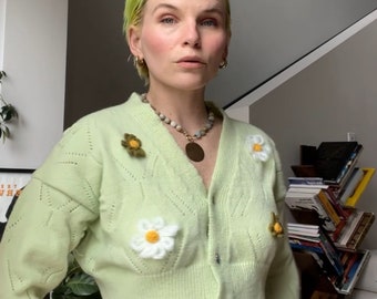 Cardigan rétréci fait main à fleurs VTG