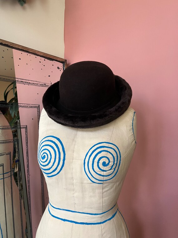 VTG 80s Dark Brown Wool Hat with Faux Fur Trim