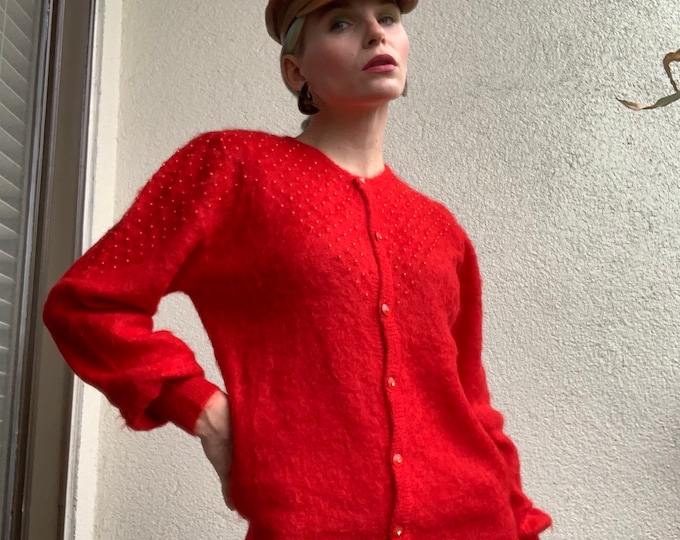 Vintage 80s | Red Mohair/Nylon Sweater Cardigan