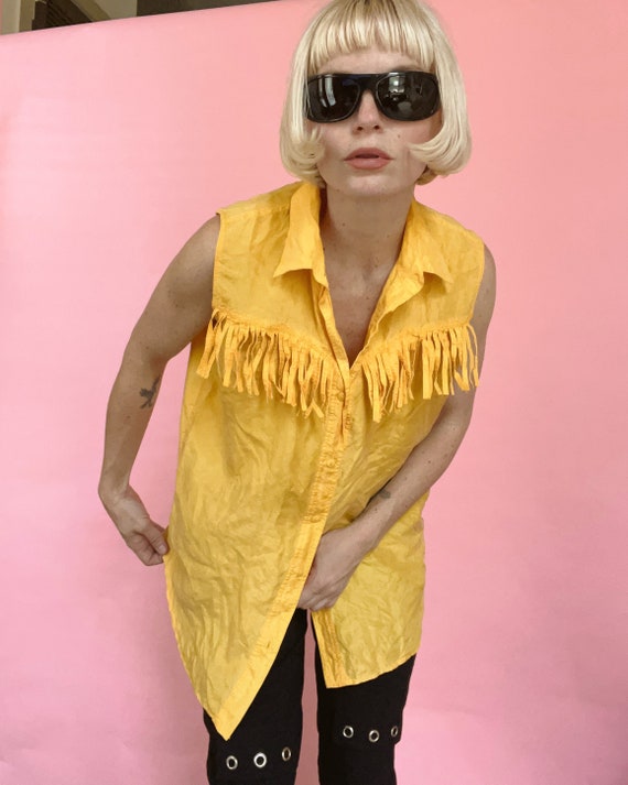 VTG 90s Marigold Fringe Silk Sleeveless Blouse