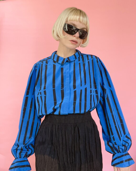 VTG 80s Helen Fabrikant Blue/Black Stripe Blouse