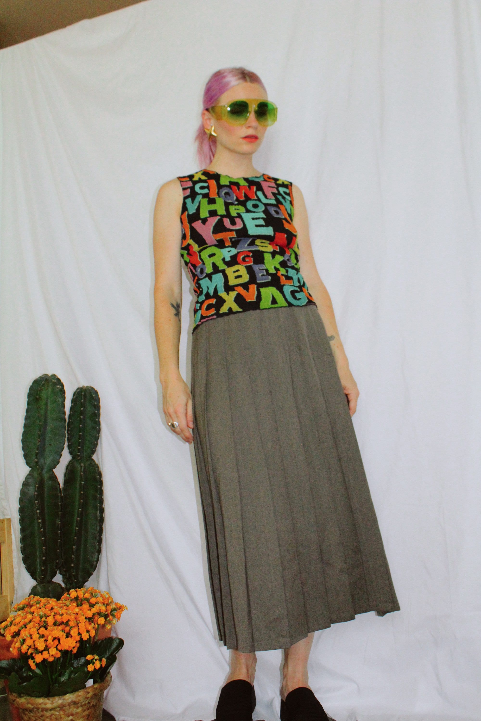 Vintage 80s | Grey Pleated Midi Skirt