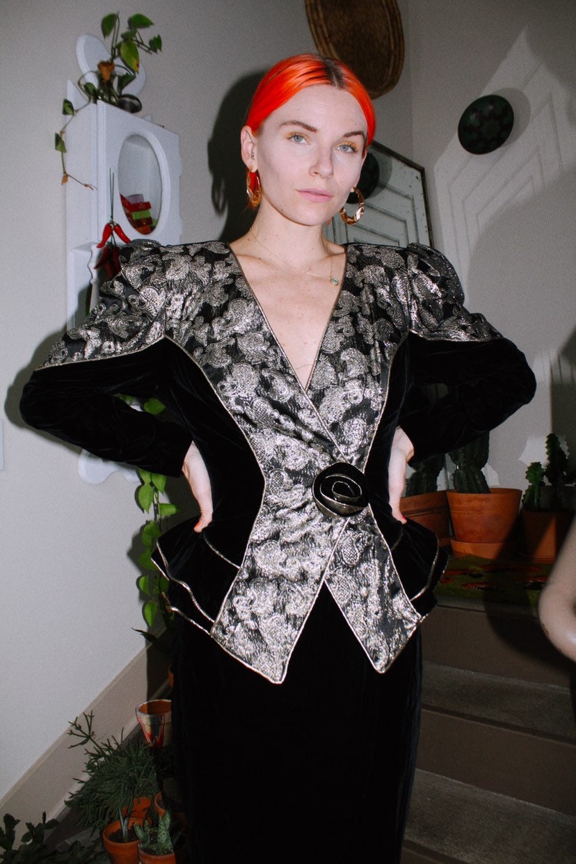 80s Black Velvet Suit with Gold Metallic Trim