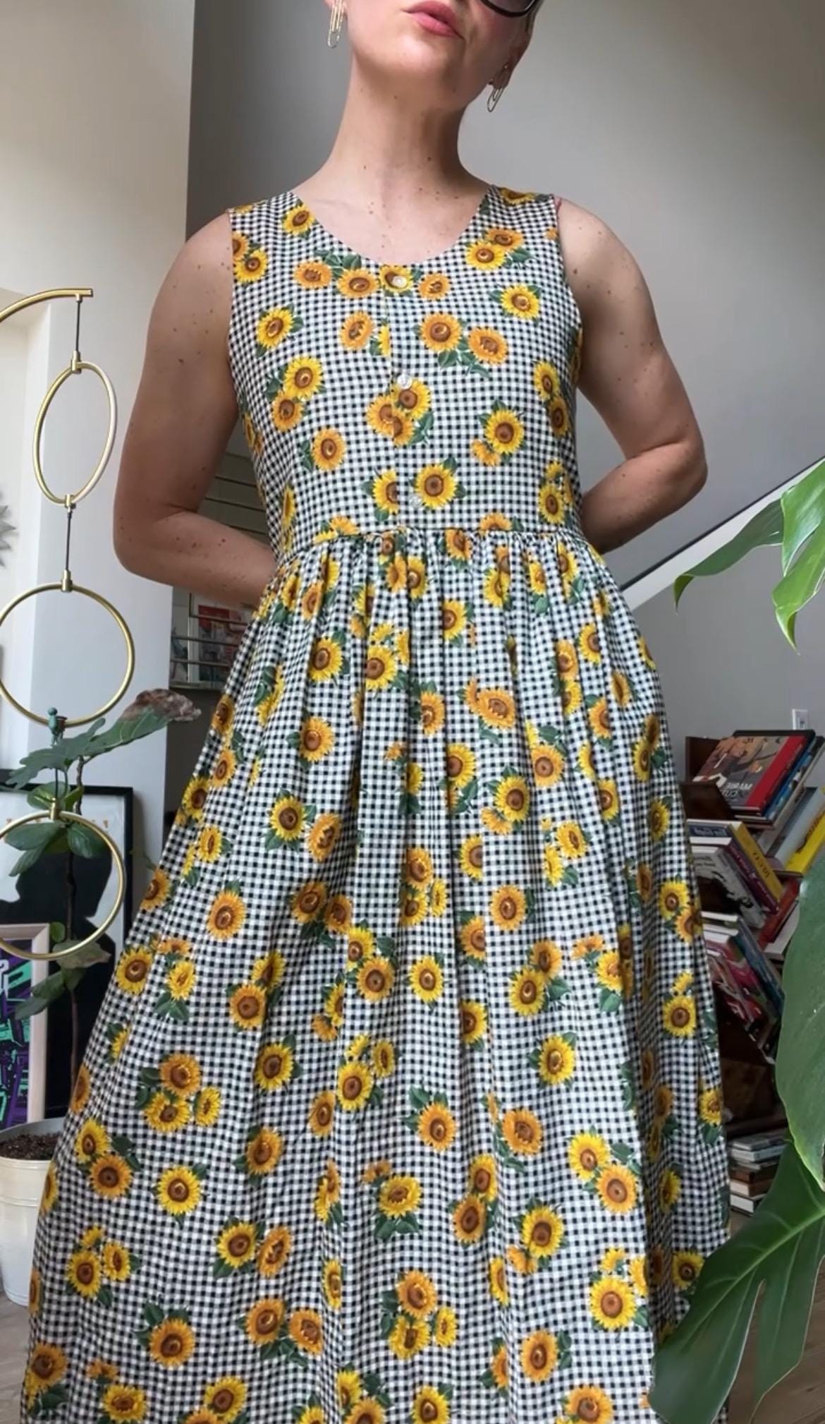 VTG 90s Handmade Sunflower Gingham Dress