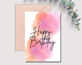 Pink Birthday Card Printable | Any Age Card| Pink Watercolor Card| Pink Teen Card | Instant Download| Last Minute Birthday Card