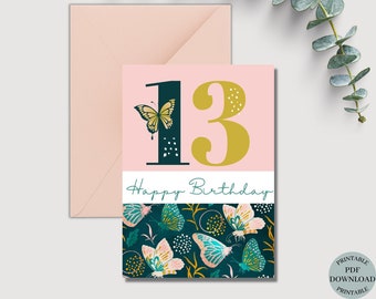 Pink Butterfly Birthday Card Printable| Butterfly Teen Card| Butterfly Birthday Wishes| 13th |14th | 15th | Teen Daughter Card