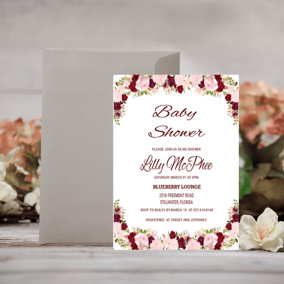 Maroon Baby Shower Invitation | Burgundy Floral | Marsala Il_570xn