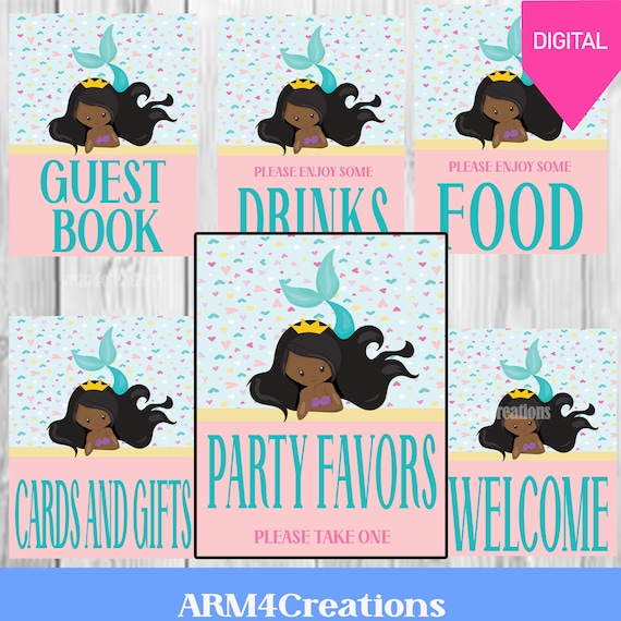 Pink Mermaid Party Signs Printable | Mermaid Birthday Il_570xn
