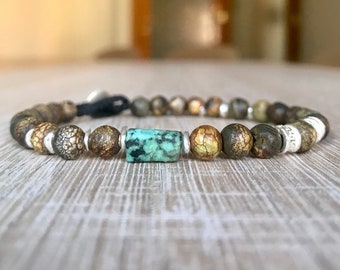 Tibetan Agate & Turquoise Bracelet Men, Natural Stone Beaded Bracelet, 925 Sterling Silver