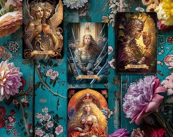 May include: A collection of tarot cards featuring detailed illustrations, including "Temperance," "Nine of Swords," "Knight of Cups," and "The Empress." The cards are arranged on a teal floral background, surrounded by various colorful flowers.