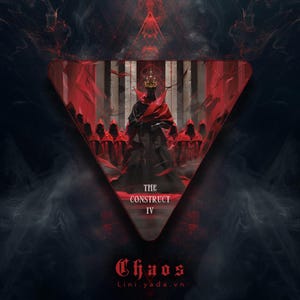 May include: A digital art piece featuring a central figure in black robes and a golden crown, surrounded by hooded figures in red. The text "THE CONSTRUCT IV" is displayed within a red triangle, with "Chaos" written below. The artwork has a dark, ominous theme.
