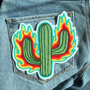 Flame Cactus Chainstitch Embroidered Iron On Patch