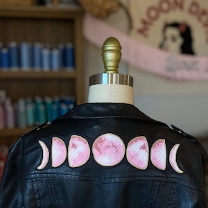 Pink Chainstitch Embroidered Moon Phase Iron On Patch