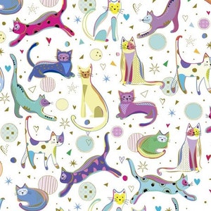 Könnte beinhalten: Ein nahtloses Muster mit bunten, stilisierten Katzen in verschiedenen Posen auf weißem Hintergrund. Die Katzen sind mit geometrischen Formen und Mustern verziert, und der Hintergrund ist mit kleinen Herzen, Sternen und Kreisen gefüllt.