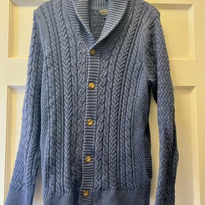 Pendleton blå fiskarstickad kofta med knappar för kvinnor, storlek S "Boyfriend Fit"