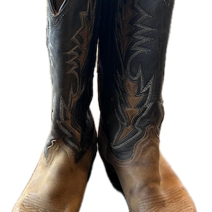 May include: A pair of brown leather cowboy boots with black leather accents and intricate stitching. The boots have a pointed toe and a low heel.