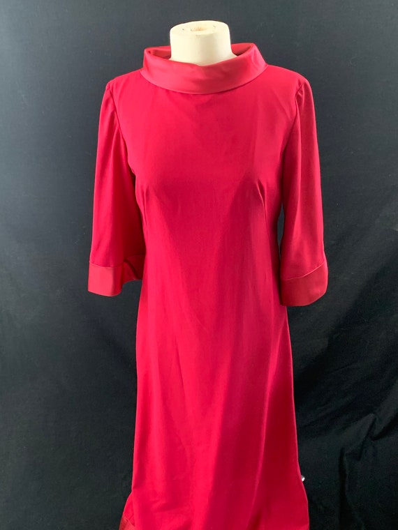 Raspberry bell sleeve satin trim 60's evening dres