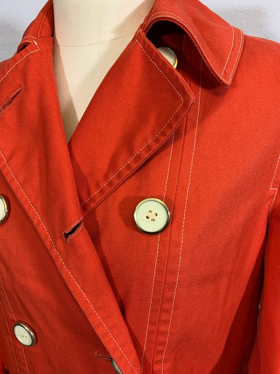 Red canvas topstitched gingham lined raincoat