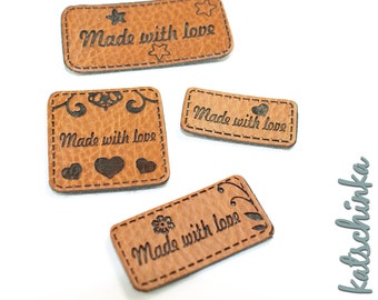 Kunstleder Label - made with Love (4 Stück), Handmade, Etiketten, Kunstleder-Labels, Kleidungsetiketten