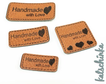 Kunstleder Label - handmade with Love (4 Stück), Handmade, Etiketten, Kunstleder-Labels, Kleidungsetiketten