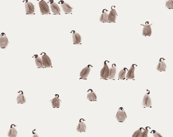 May include: A white background with a pattern of brown penguin chicks. The chicks are in various poses, some standing, some walking, and some huddled together.