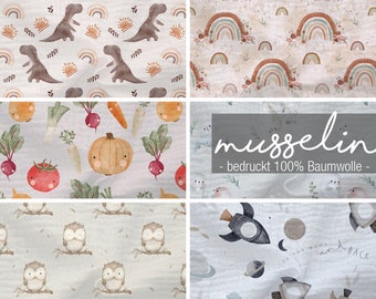 9,99 EUR/0,5m /// Musselin Stoff printed  / 100 % Baumwolle / Musselintuch / Double Gauze / Musselinstoff - verschiedene Designs