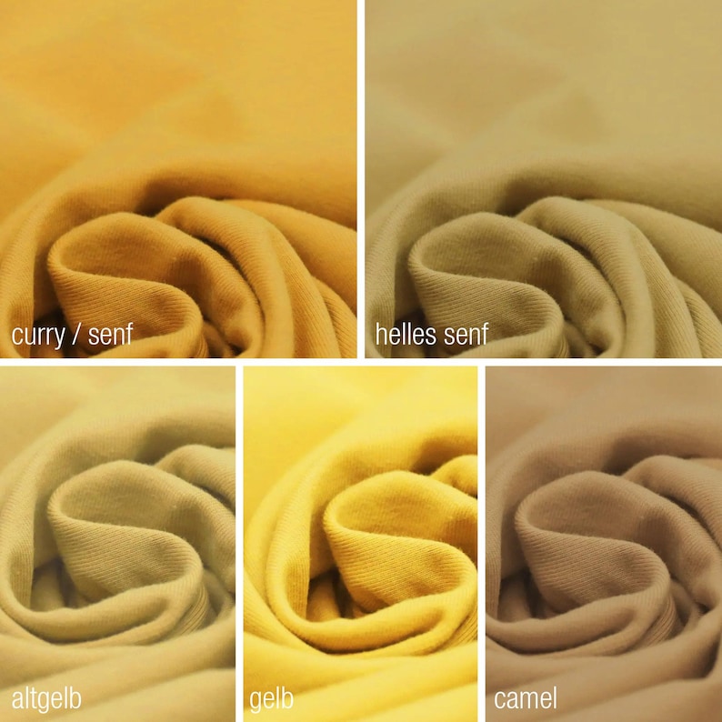 May include: Close-up of six fabric swatches in different shades of yellow and brown. The swatches are labeled "curry/senf", "helles senf", "altgelb", "gelb", "camel", and "beige".