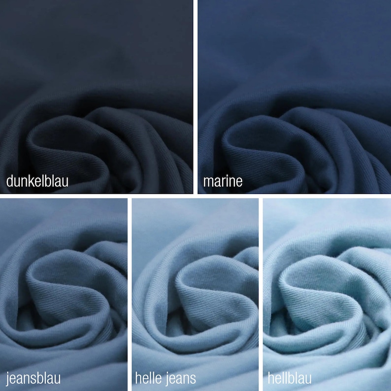 May include: A close-up of fabric swatches in various shades of blue, including dark blue, navy blue, jeans blue, light jeans blue, and light blue. The fabric is folded and textured.