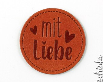 Kunstleder Label - mit Liebe (1 Stück), Handmade, Etiketten, Kunstleder-Labels, Kleidungsetiketten