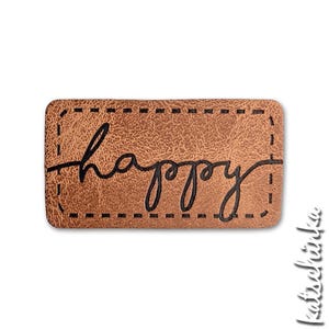 Kunstleder Label zum Aufbügeln - happy | Handmade Etikett | Kunstleder Aufnäher | Kleidungsetiketten | DIY Nähprojekt | Iron On
