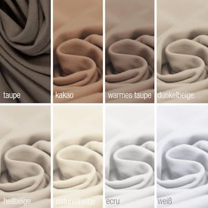 May include: A collection of eight fabric swatches in various shades of beige, brown, and white. The swatches are arranged in two rows of four, with the names of each color written below each swatch. The colors include taupe, kakao, warm taupe, dunkelbeige, hellbeige, naturbeige, ecru, and wei&szlig;.