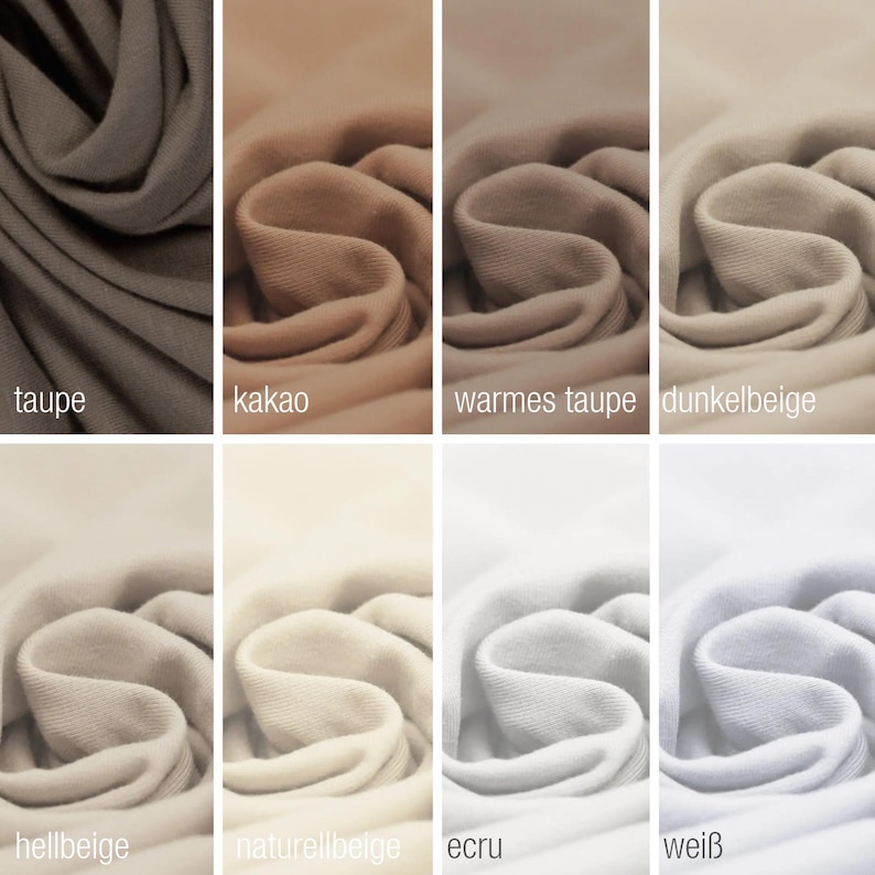 May include: A collection of eight fabric swatches in various shades of beige, brown, and white. The swatches are arranged in two rows of four, with the names of each color written below each swatch. The colors include taupe, kakao, warm taupe, dunkelbeige, hellbeige, naturbeige, ecru, and wei&szlig;.