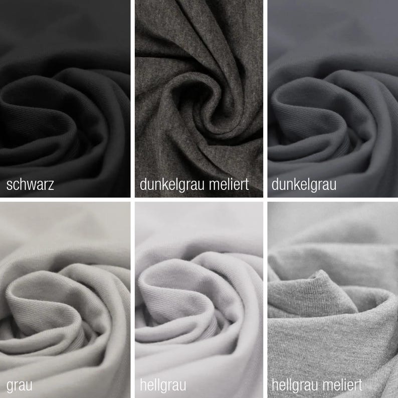 May include: Six fabric swatches in different shades of gray, including black, dark gray, light gray, and variations with a heathered texture. The swatches are arranged in two rows of three, with the darkest shades at the top and the lightest shades at the bottom.