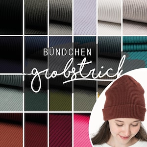 Könnte beinhalten: Eine Kollektion von 18 verschiedenen Farben gerippter Strickware. Der Stoff ist in einem Rastermuster dargestellt. Der Text "BÜNDCHEN grobstrick" ist in der Mitte des Bildes sichtbar. Eine braune Mütze ist in der unteren rechten Ecke des Bildes zu sehen.