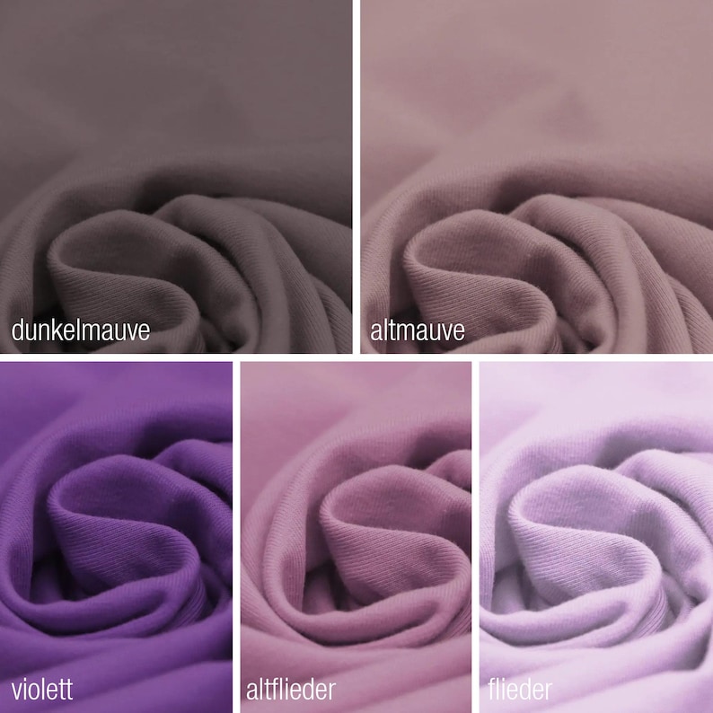 May include: A close-up of six fabric swatches in different shades of purple and pink. The swatches are labeled "dunkelmauve", "altmauve", "violett", "altflieder", "flieder".