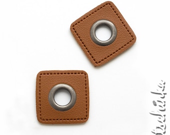 2-eyelet patches, eyelets on brown faux leather, eyelet patches | Square nickel 11 mm | 2 Series